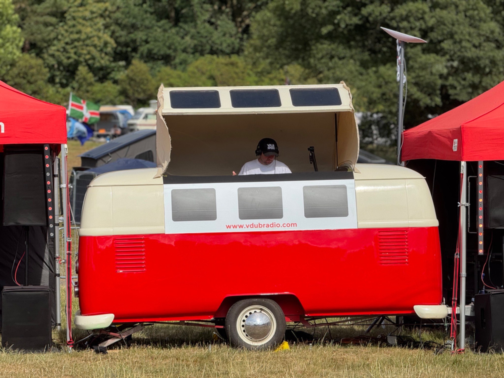 The VW DJ Booth with roof open and decks installed
